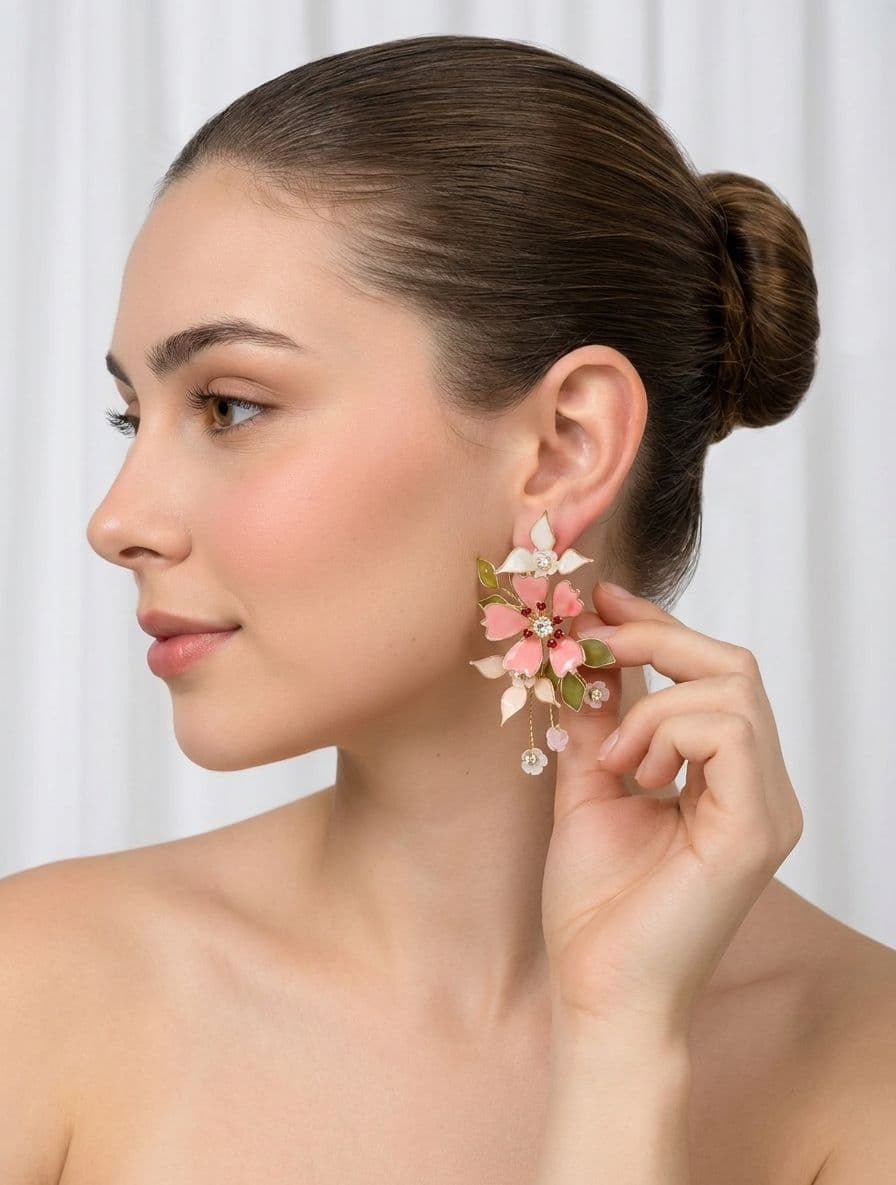 Pink-White Resin Floral Haldi Drop Earrings