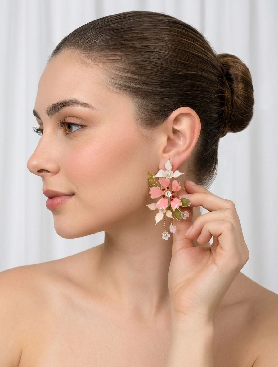 Pink-White Resin Floral Haldi Drop Earrings