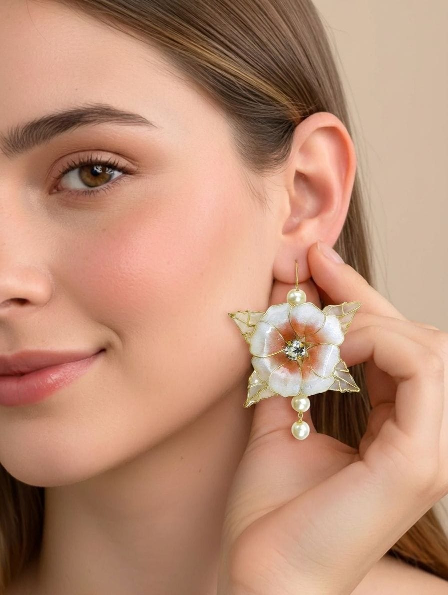 Pastel Pink-White Resin Floral Haldi Drop Earrings