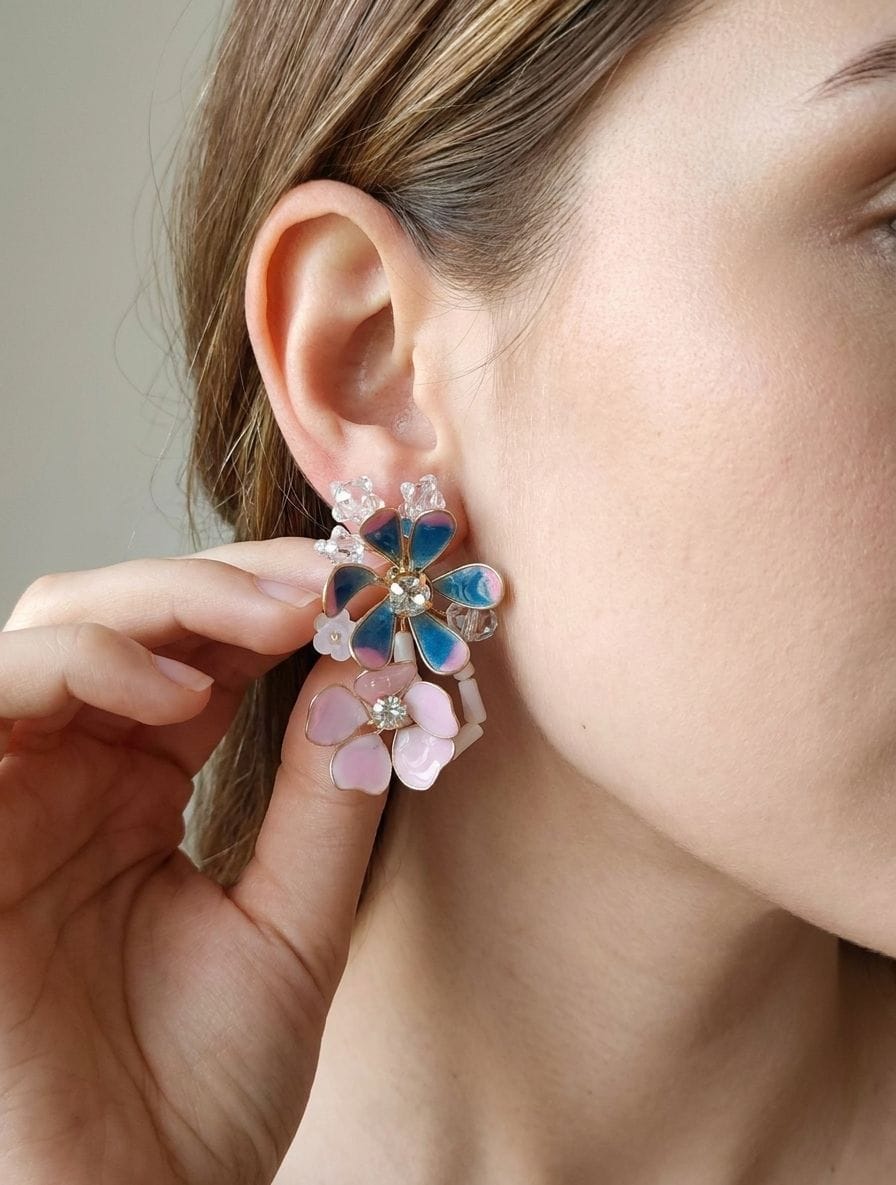 Blue-Pink Resin Floral Haldi Carnival Drop Earrings