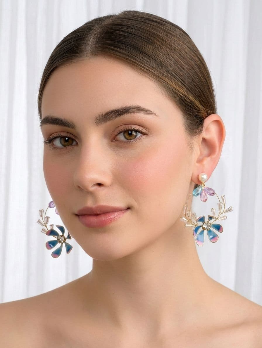 Blue Pink Resin Floral Drop Earrings for Haldi