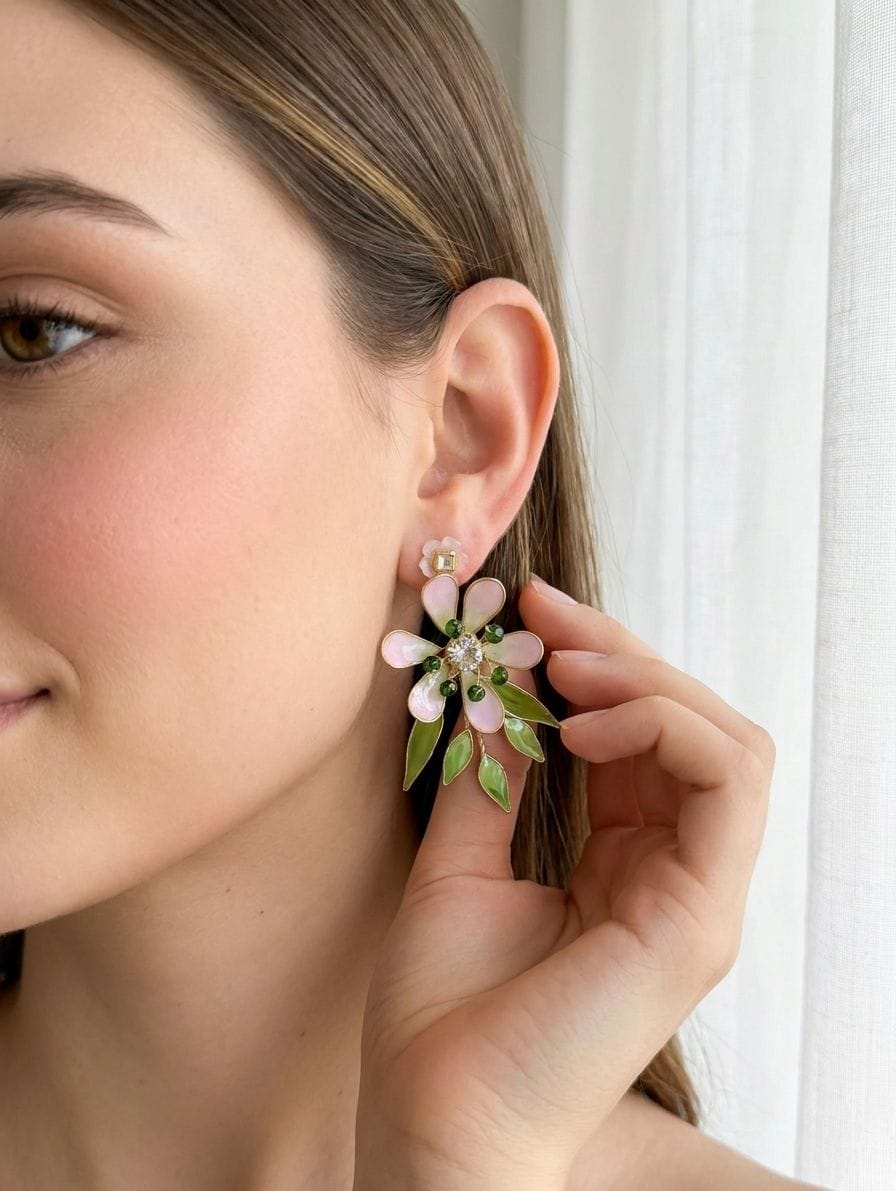 Pastel Green-Pink Resin Floral Haldi Drop Earrings