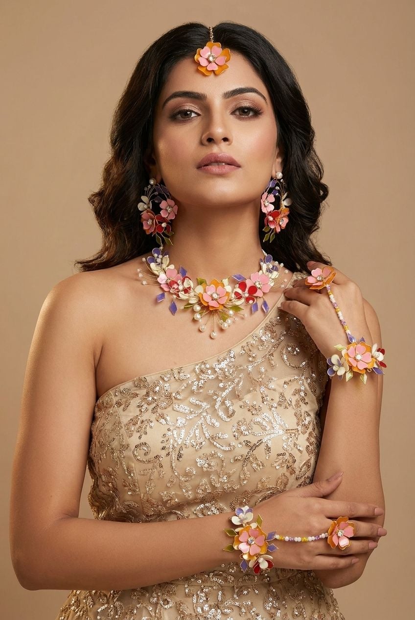 Multicolored Floral Jewellery Set for Haldi Mehndi Brides Resin