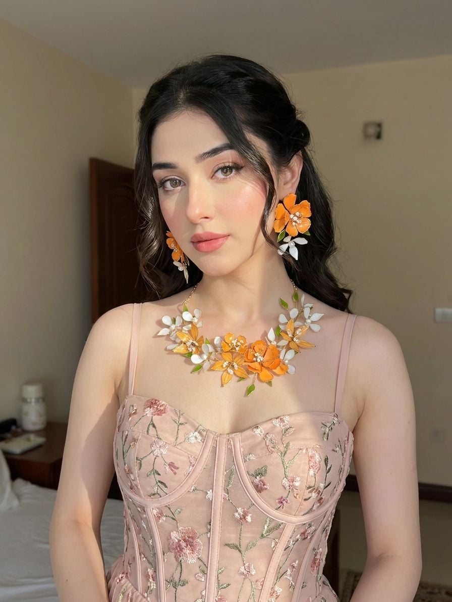 Orange-White Floral Necklace Earrings Set for Haldi Mehndi Brides