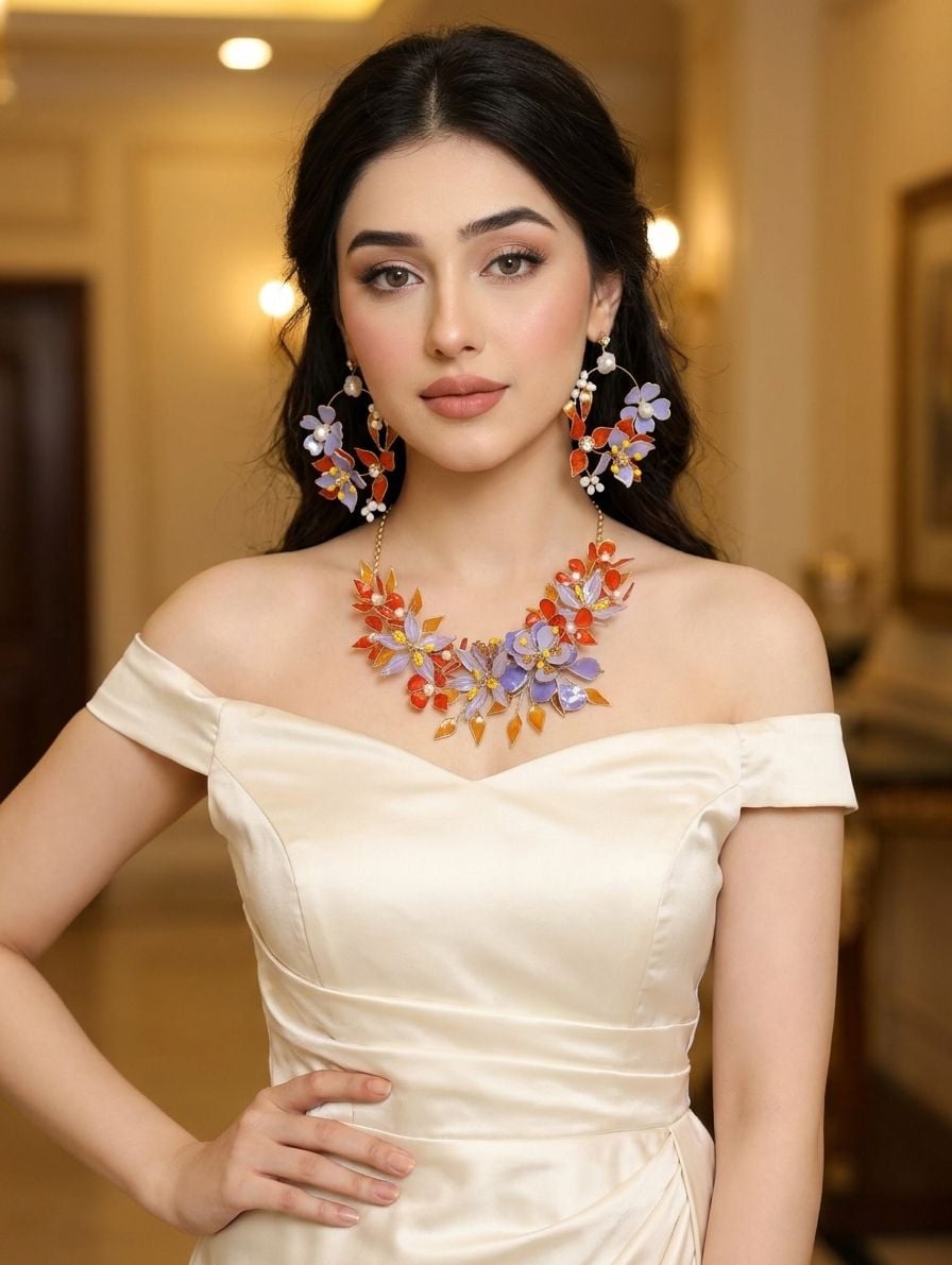 Orange-Lavender Floral Necklace Earrings Set for Haldi Brides