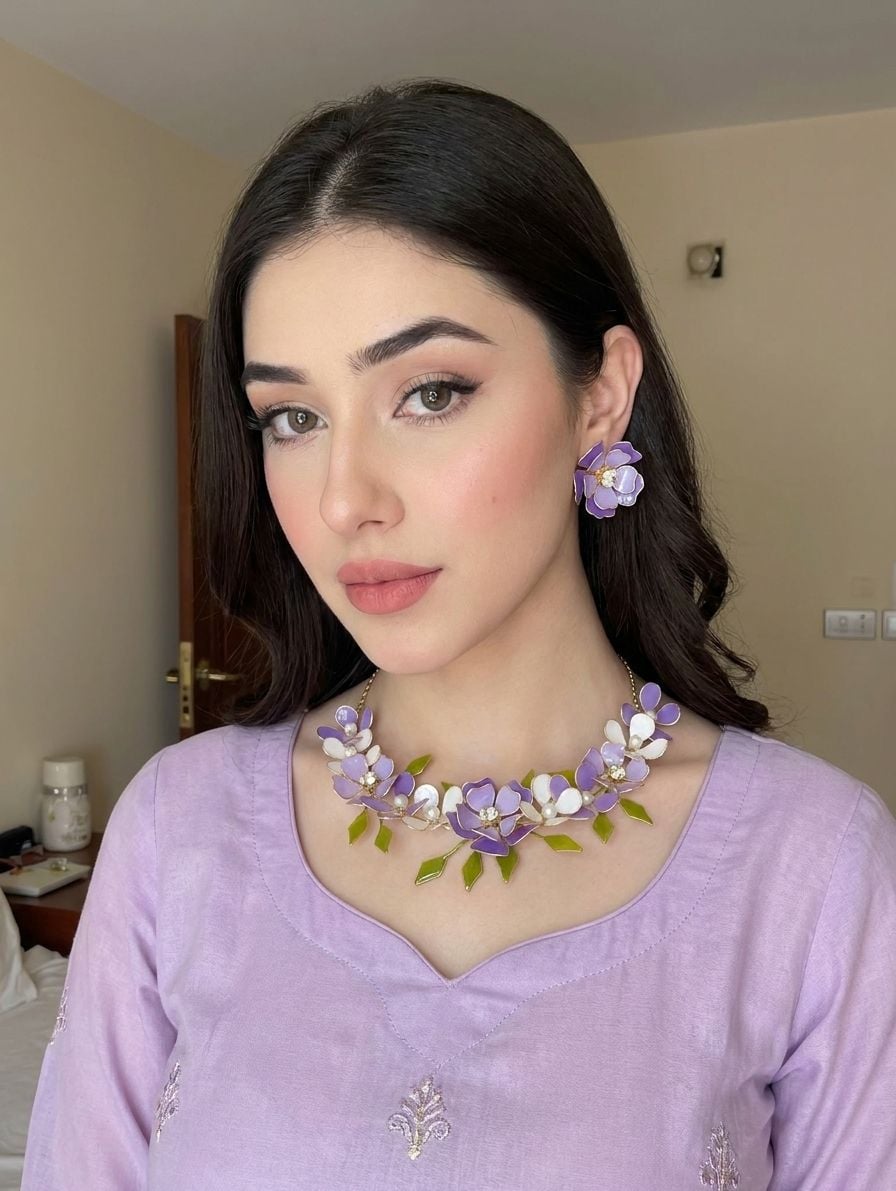 Lavender White Floral Resin Bridal Haldi Jewellery Set