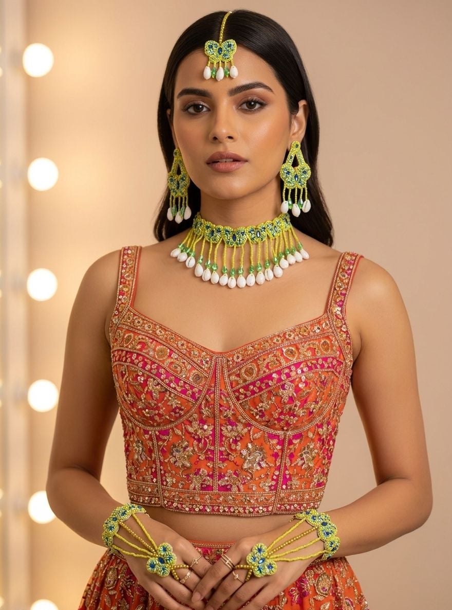 Designer Green Thread Haldi Jewellery Set for Mehndi Ceremony