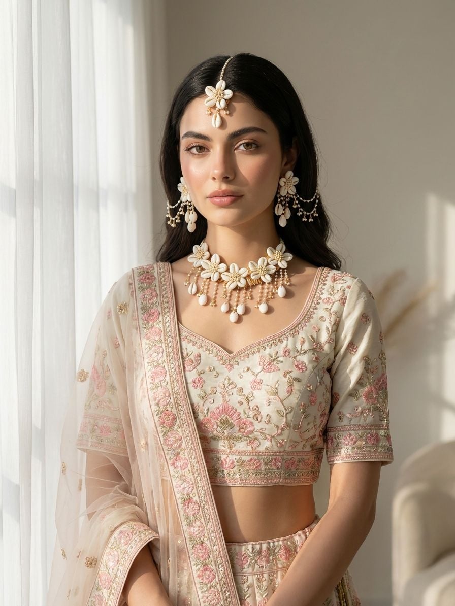 Chic Cowrie Shell Floral Jewelry Set for Haldi & Mehndi