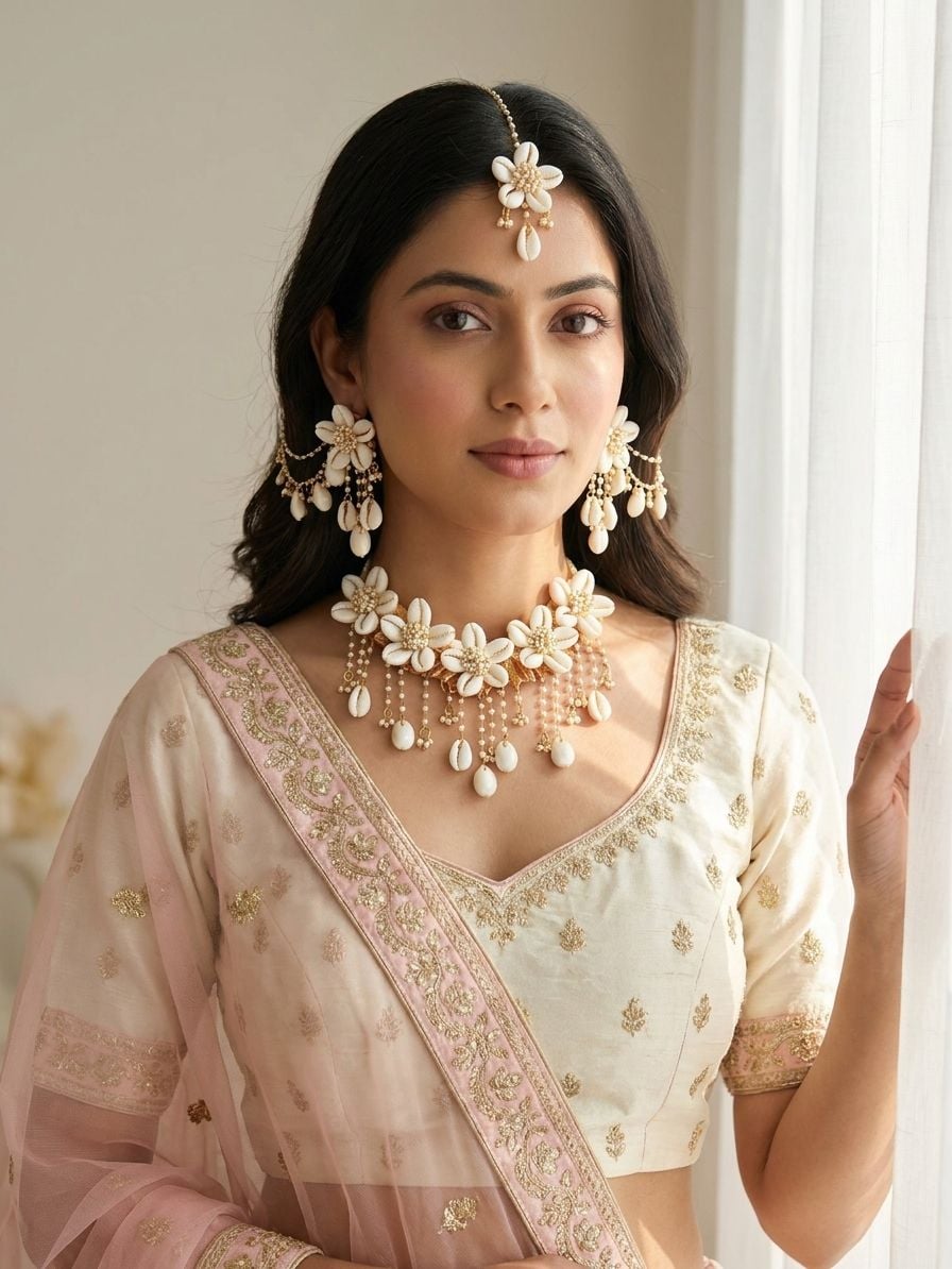 Chic Cowrie Shell Floral Jewelry Set for Haldi & Mehndi