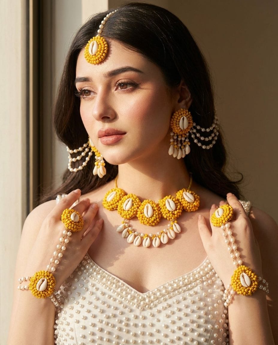 Golden Glory: Haldi-Mehndi Special Pearl & Sea Shell Jewellery Set