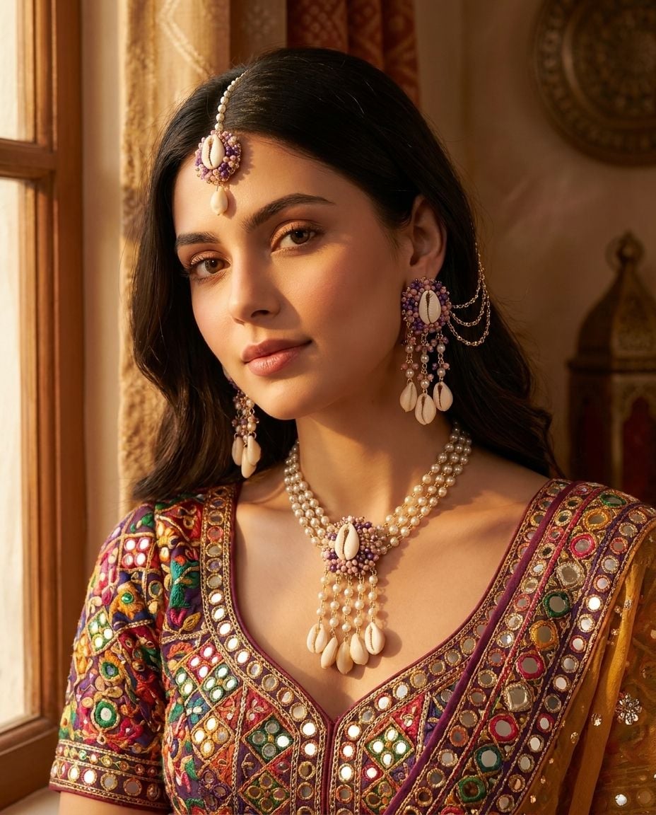 Lavender-Pink Pearl & Sea Shell Haldi Mehndi Jewelry Set for Women