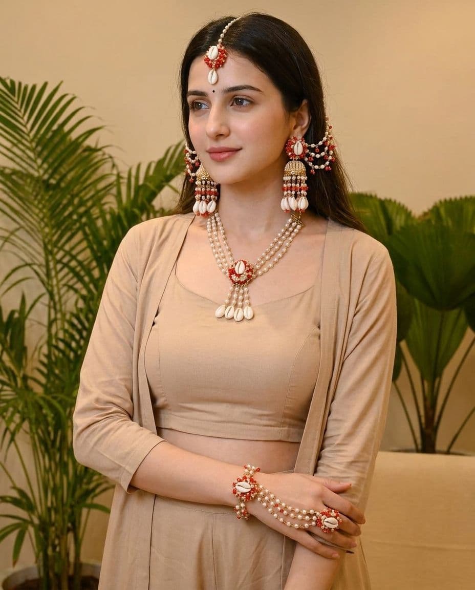 Lavender Bridal Cowrie Shell Jewelry Set for Haldi w/ Gold Plating