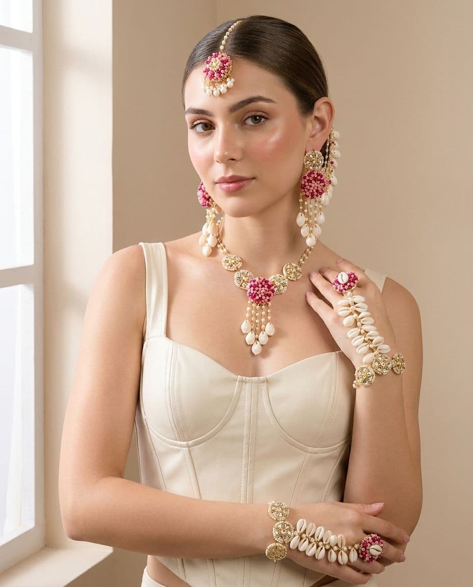 Lavender Glow Sea Shell & Pearl Haldi Mehndi Jewellery Set