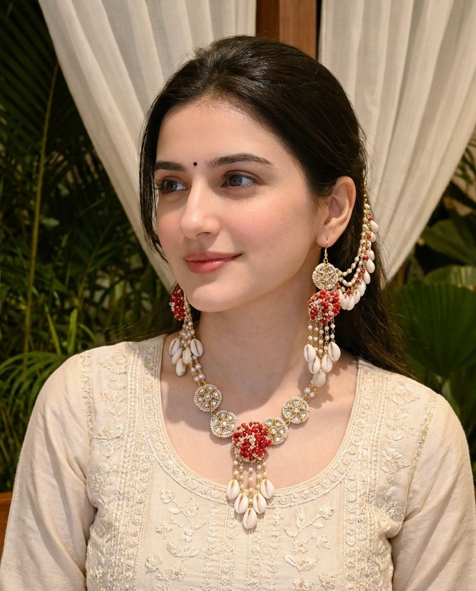 Red & White Cowrie Shell Statement Necklace Set with Earrings