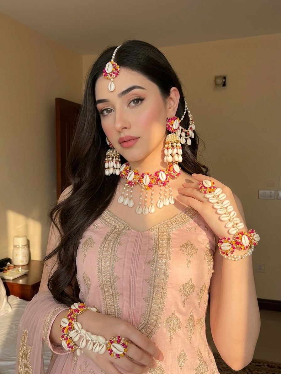 Pink Shell Flower Haldi Mehndi Jewellery Set