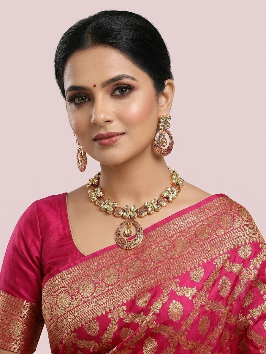 Maroon Bridal Choker Necklace Set with Earrings for Wedding Lehenga