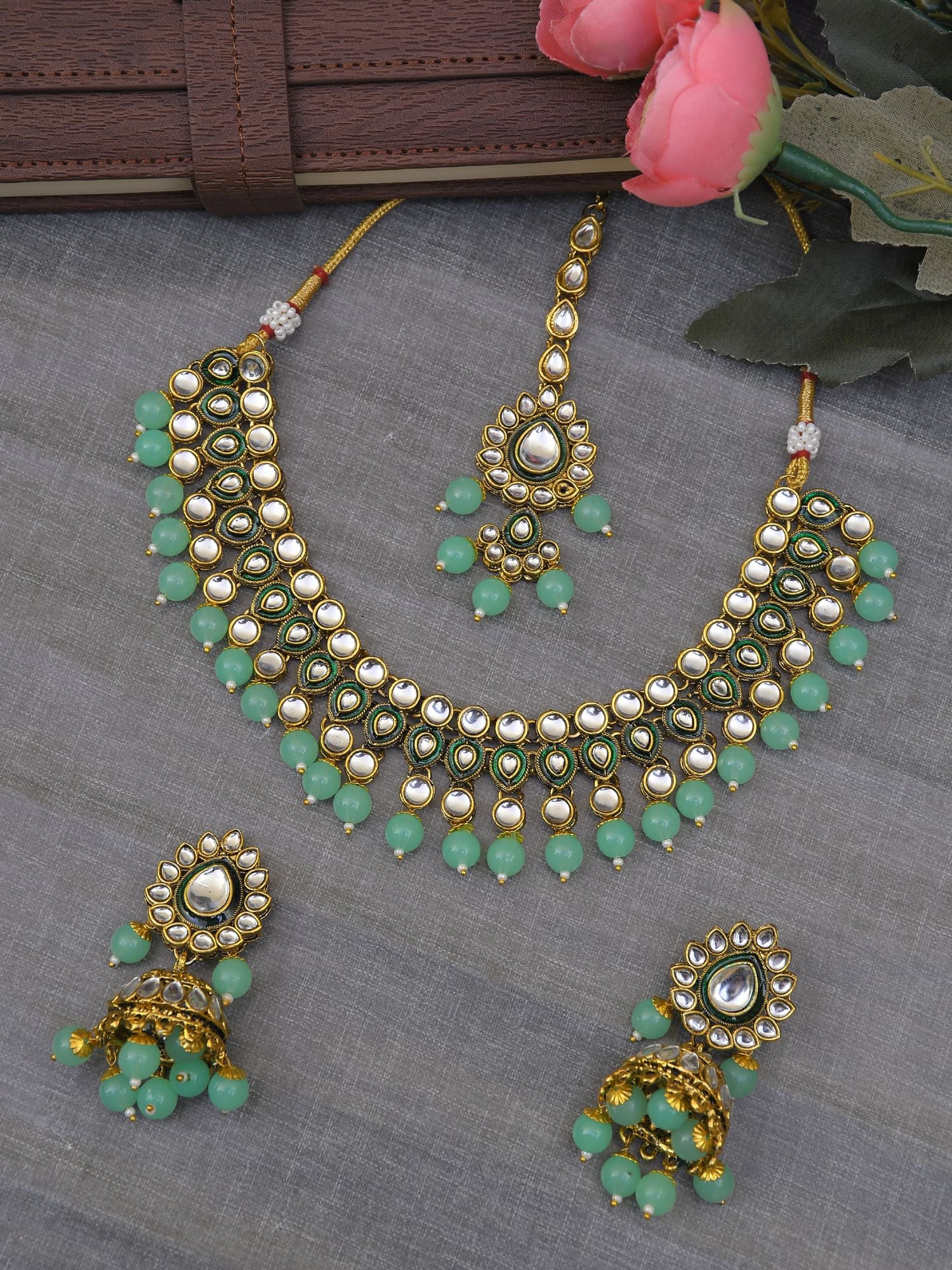 Sea Green Kundan Pearl Crystal Choker Necklace Gold-Plated