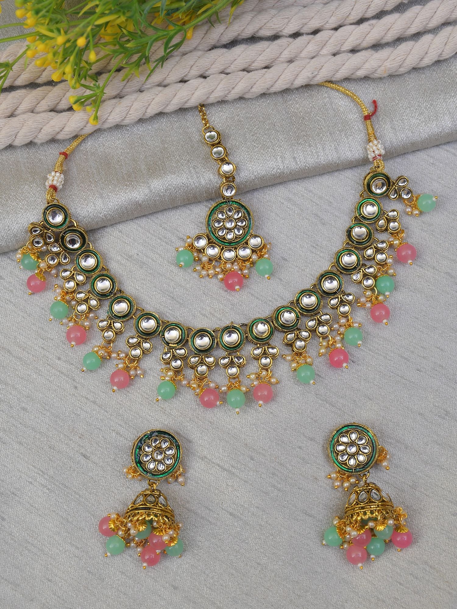 Gold-Plated Kundan Necklace Set Pink Sea Green for Wedding