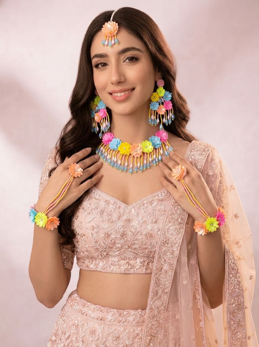 Pastel Pink & Blue Floral Haldi Jewellery Set with Crystal Drops