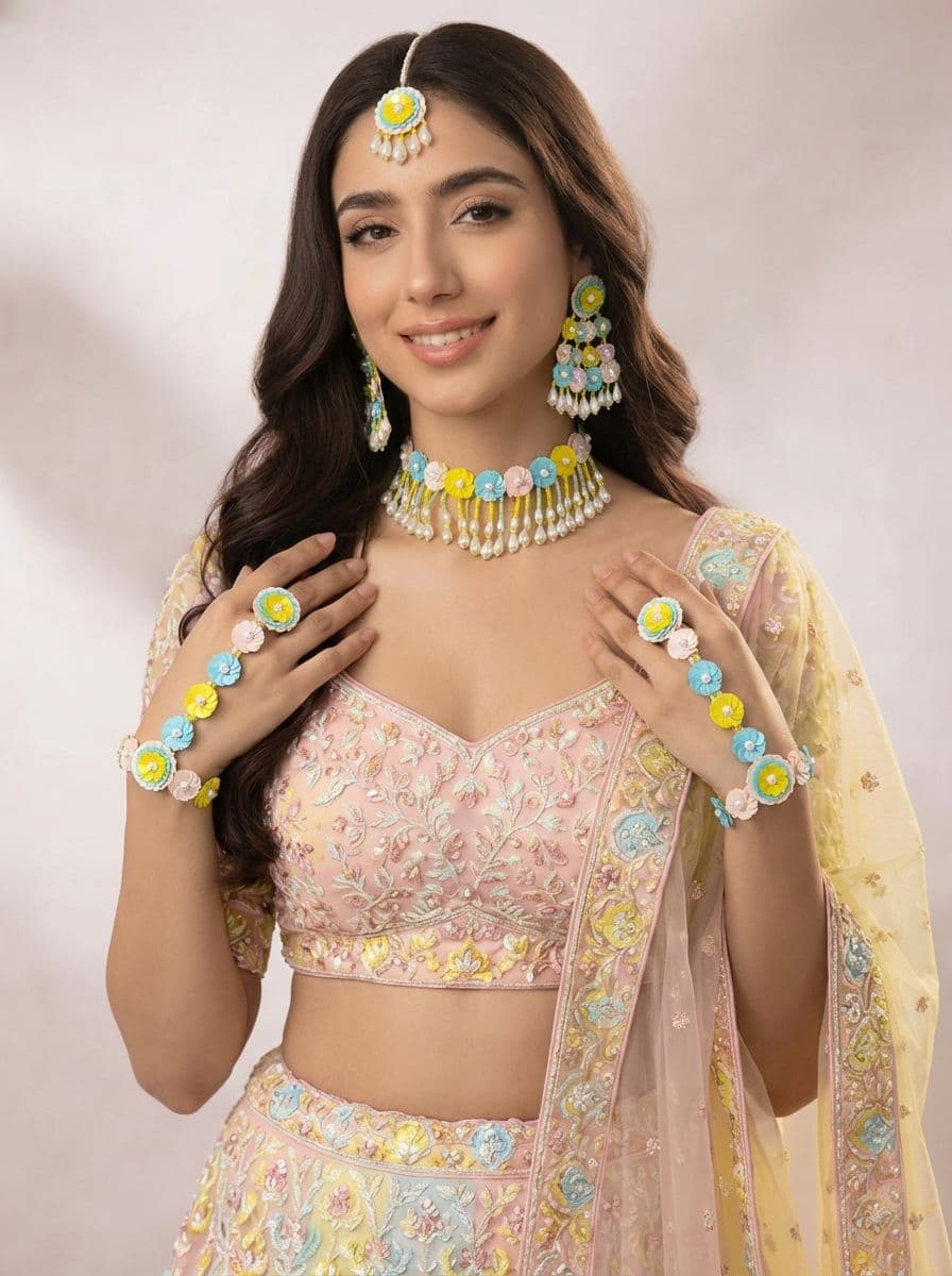 Exquisite Handmade Blue, Pink, Yellow Floral Beaded Jewelry Ensemble for Haldi