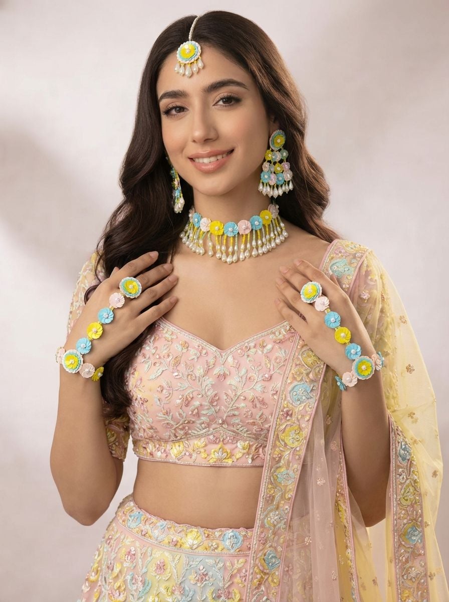 Exquisite Handmade Blue, Pink, Yellow Floral Beaded Jewelry Ensemble for Haldi