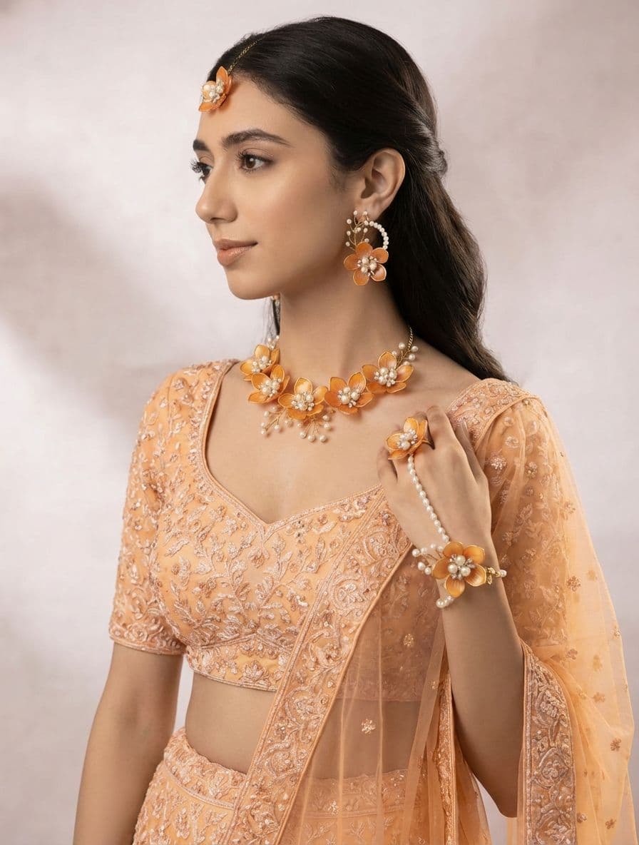 Acrylic Gold-Plated Floral Bridal Jewelry Set for Wedding and Haldi Mehndi