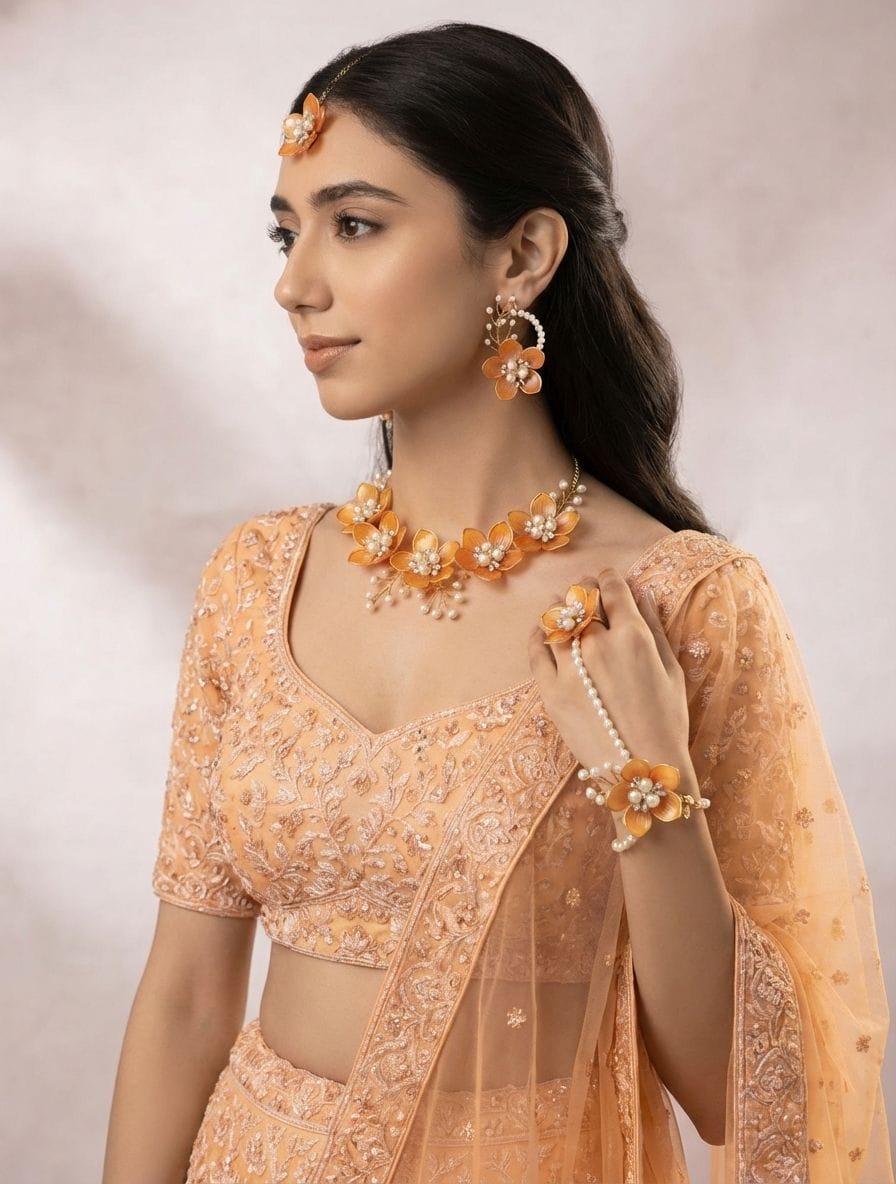 Acrylic Gold-Plated Floral Bridal Jewelry Set for Wedding and Haldi Mehndi