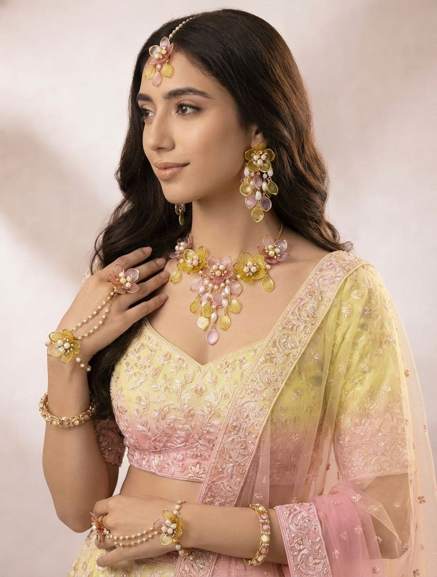 Yellow-Pink Acrylic Flowers Bridal Jewelry for Haldi-Mehndi