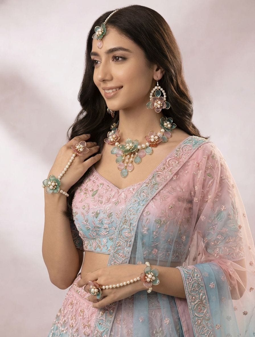Elegant Acrylic Jewellery Set in Sky Blue & Pink Floral - A Premium Choice for Brides