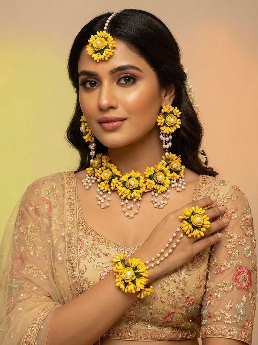 Yellow Floral Haldi Jewellery Set for Women with Tikka, Earrings & Hathphool