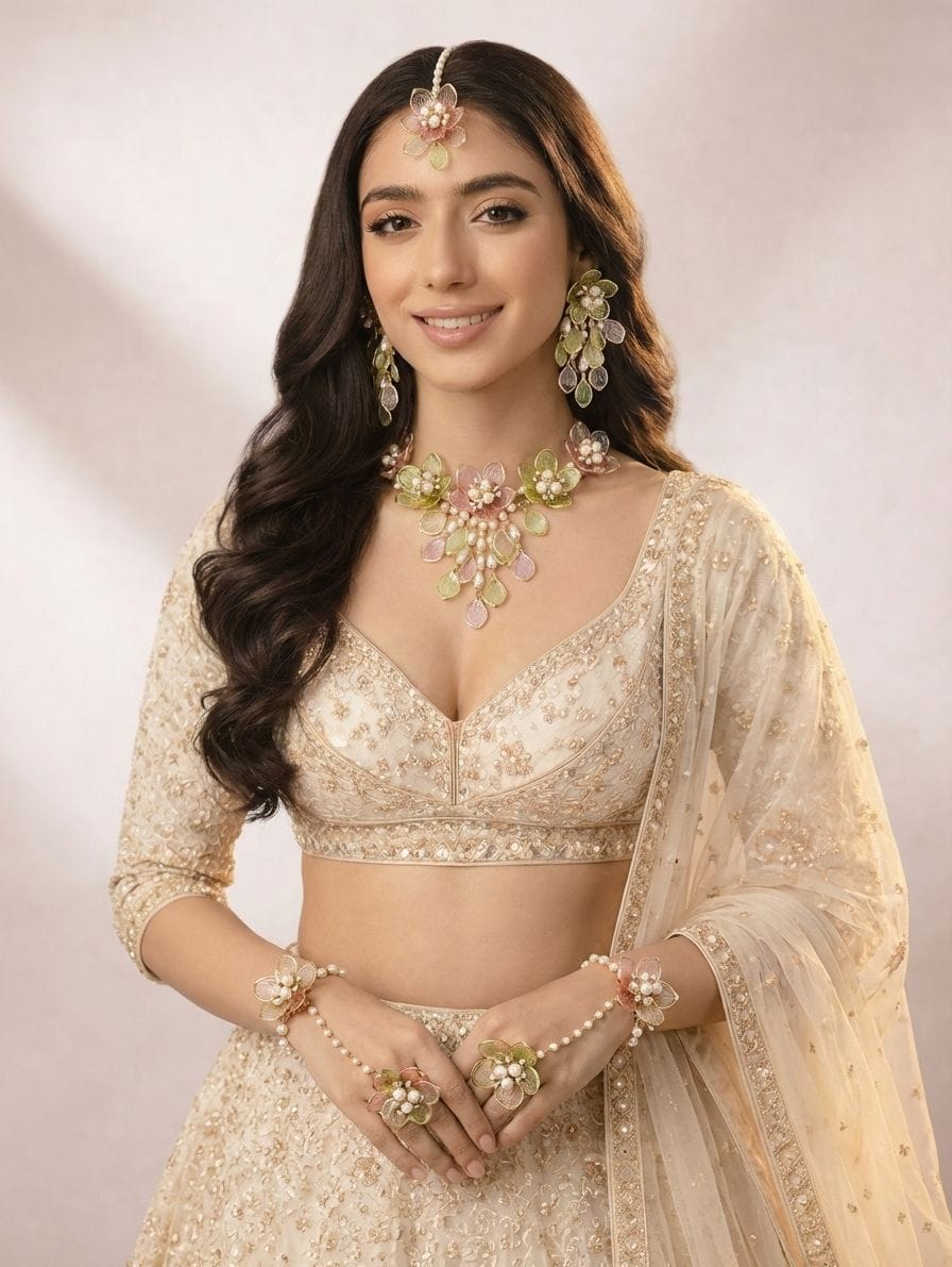 Floral Fiesta: Bridal Jewelry Set for Haldi & Mehndi (Green & Pink)