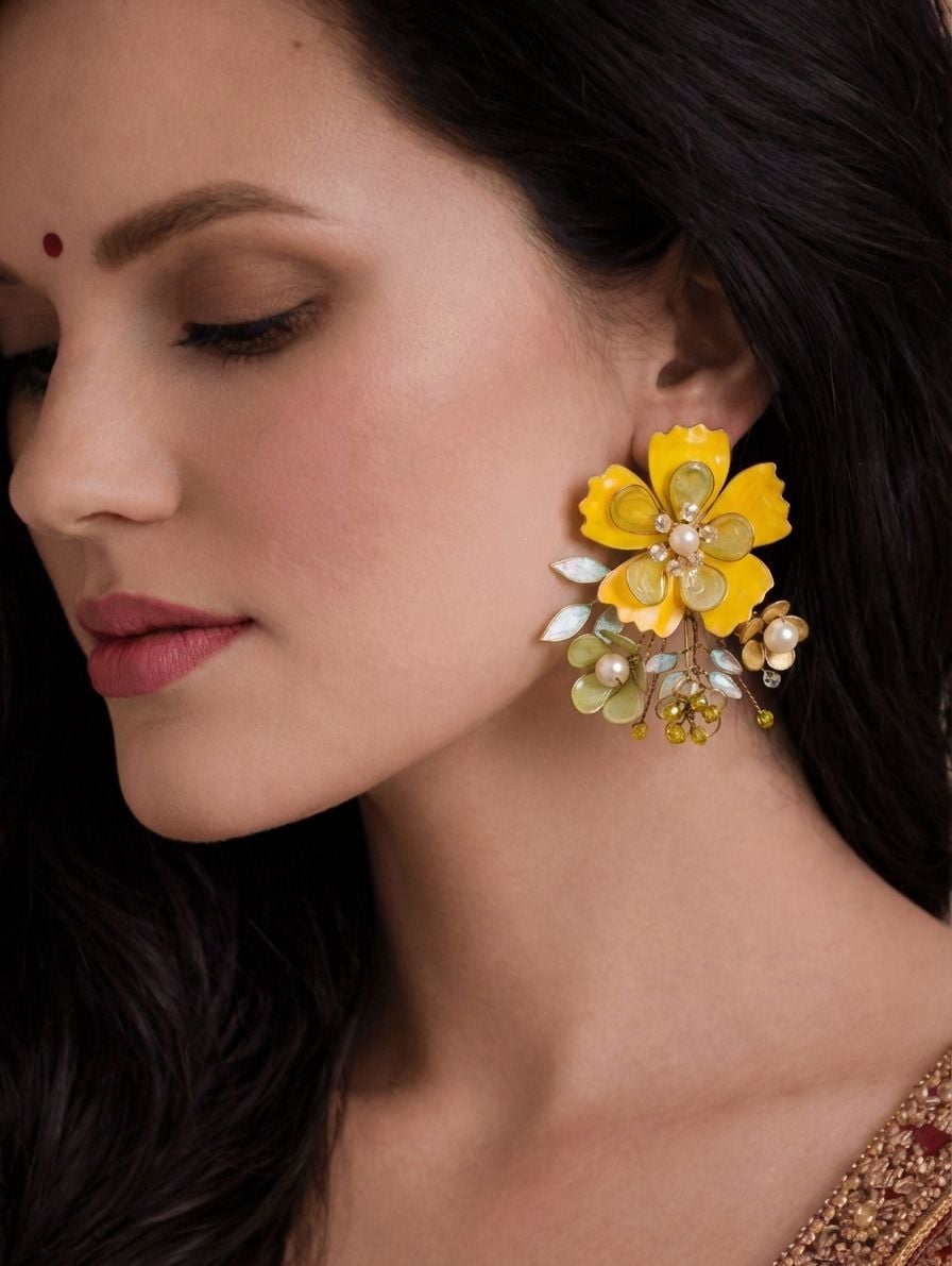 Yellow Floral Resin Pearl Earrings for Haldi Ceremony