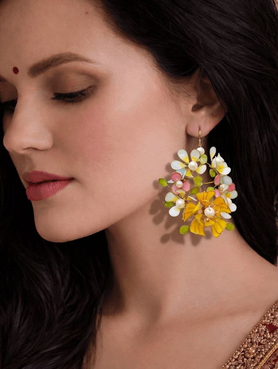Elegant Resin Blossom Earrings - Floral Haldi Dangle Jewelry