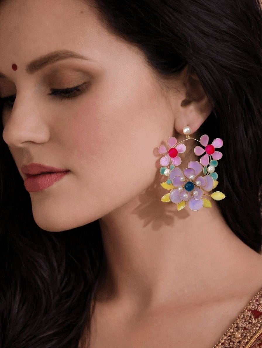 Eliza's Bridal Bloom: Gold Plated Earrings & Hand Harness Set