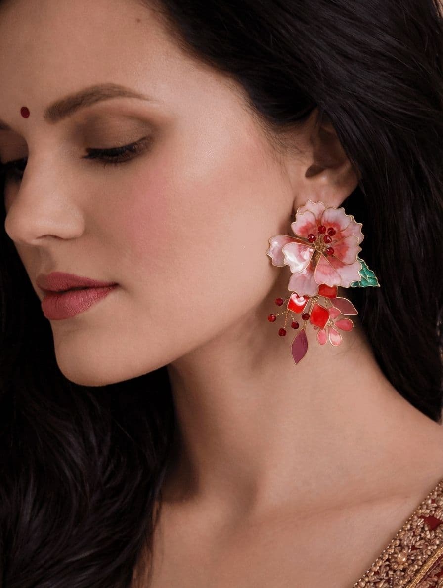 Pink Blossom Resin Art Haldi Drop Earrings in Luxe Pink-Wine Red