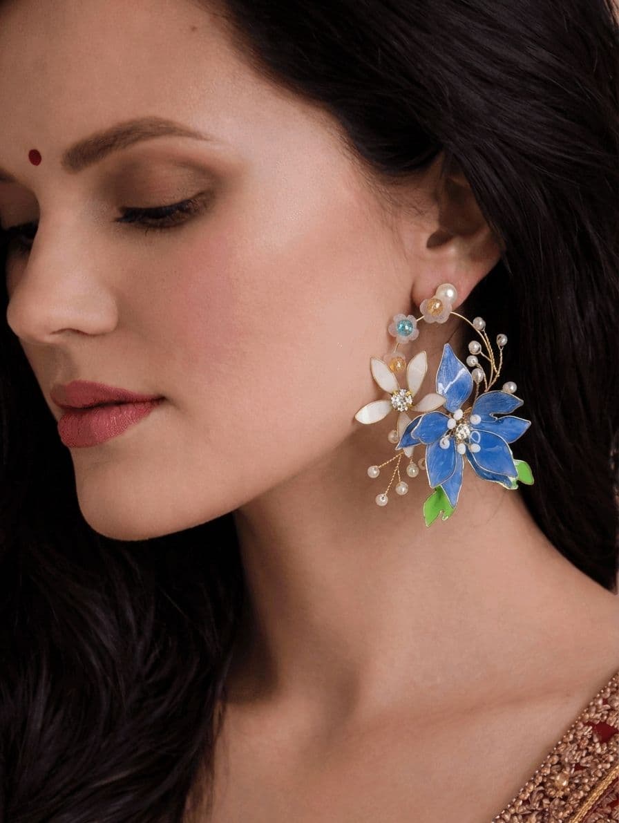 Floral Resin Earrings - Blue Danglers for Haldi Carnival