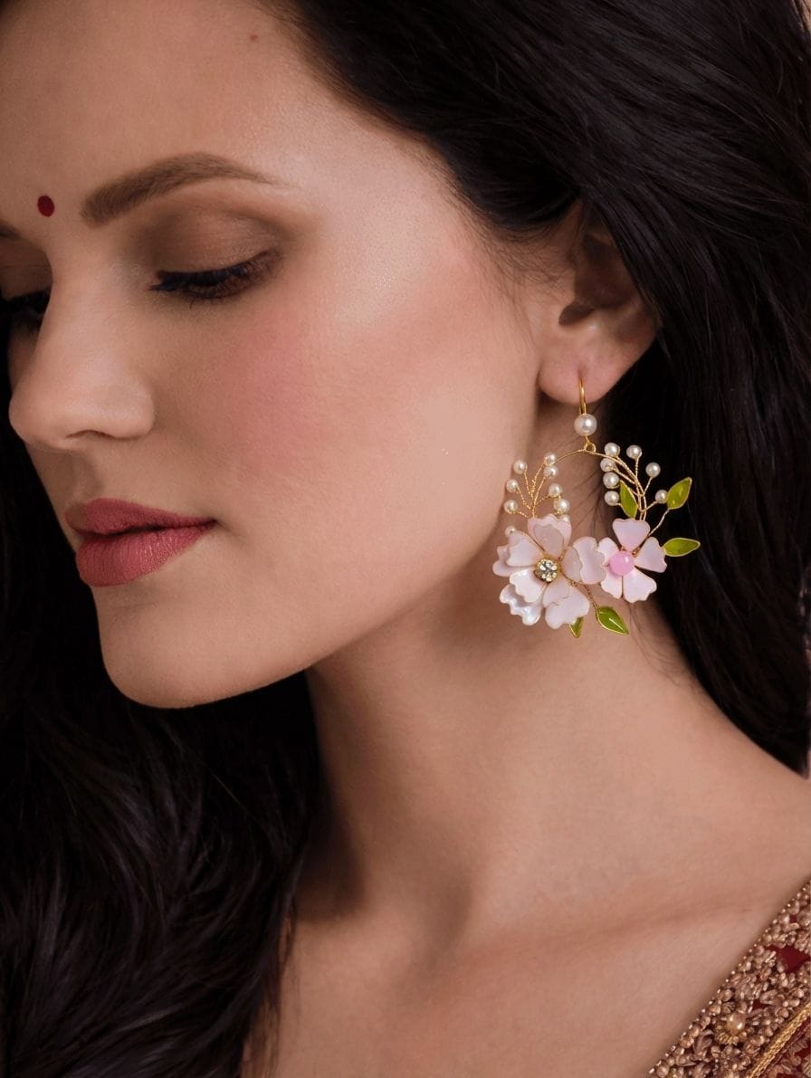 Blossom Bliss: Light Pink Floral Bridal Jewellery Set in Gold Plating
