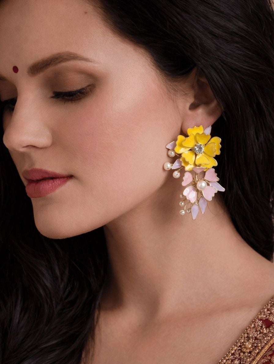 Yellow & Pastel Pink Floral Resin Pearl Earrings for Women