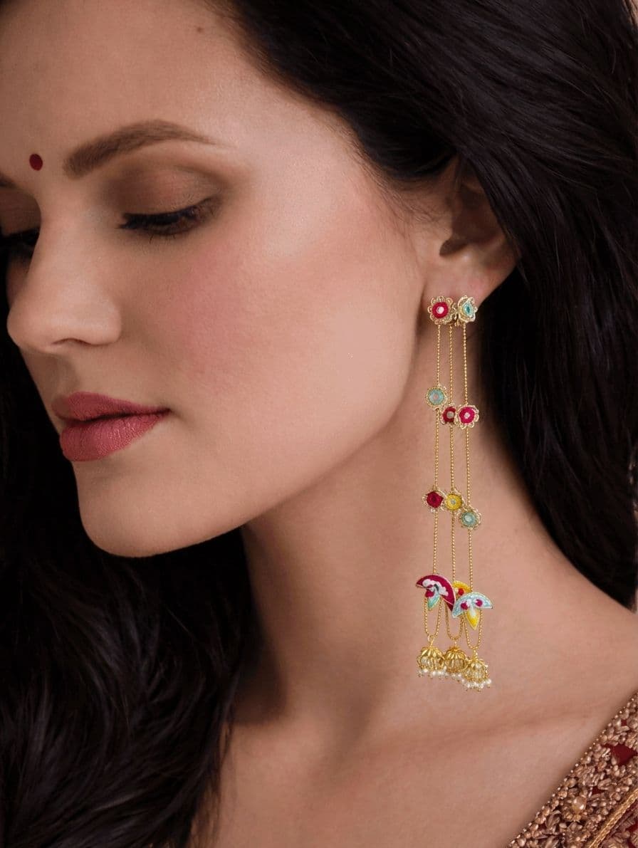 Handmade Floral Pearl Kalire - Bridal in Pink-Yellow-SkyBlue for Women