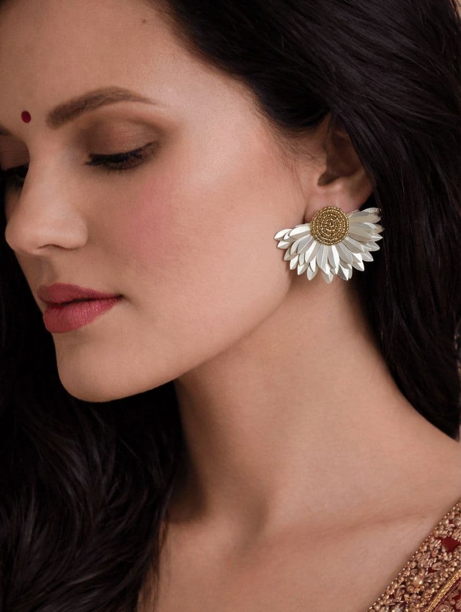 Beaded Handmade Metallic Half-Flower Bridal Earrings for Haldi Fest