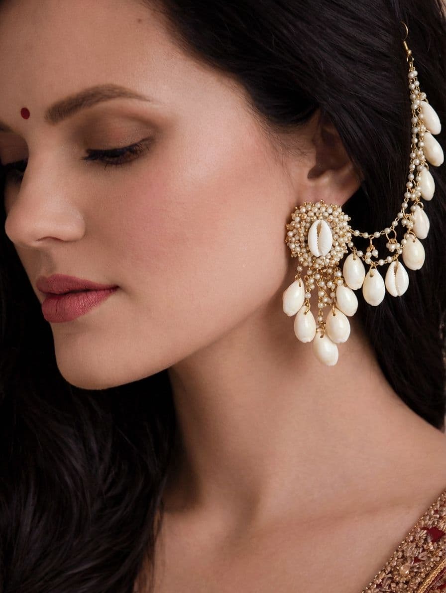 Baby Pink Floral Pearl Seashell Handmade Jhumka for Haldi Elegance