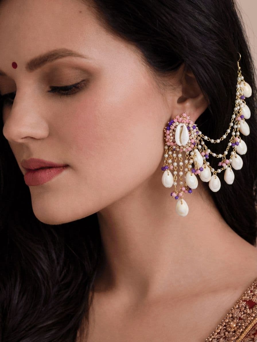 Floral Pink Cowrie Shell Bridal Earrings & Tikka Set for Haldi Event