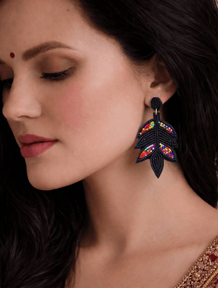 Black Beaded Leaf Earrings for Girls
