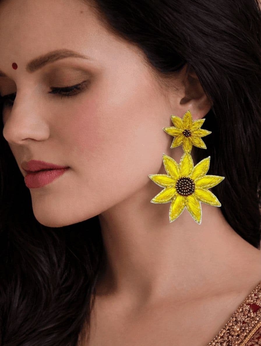 Yellow Sunflower Party Wear Beaded Earrings for Women & Girls