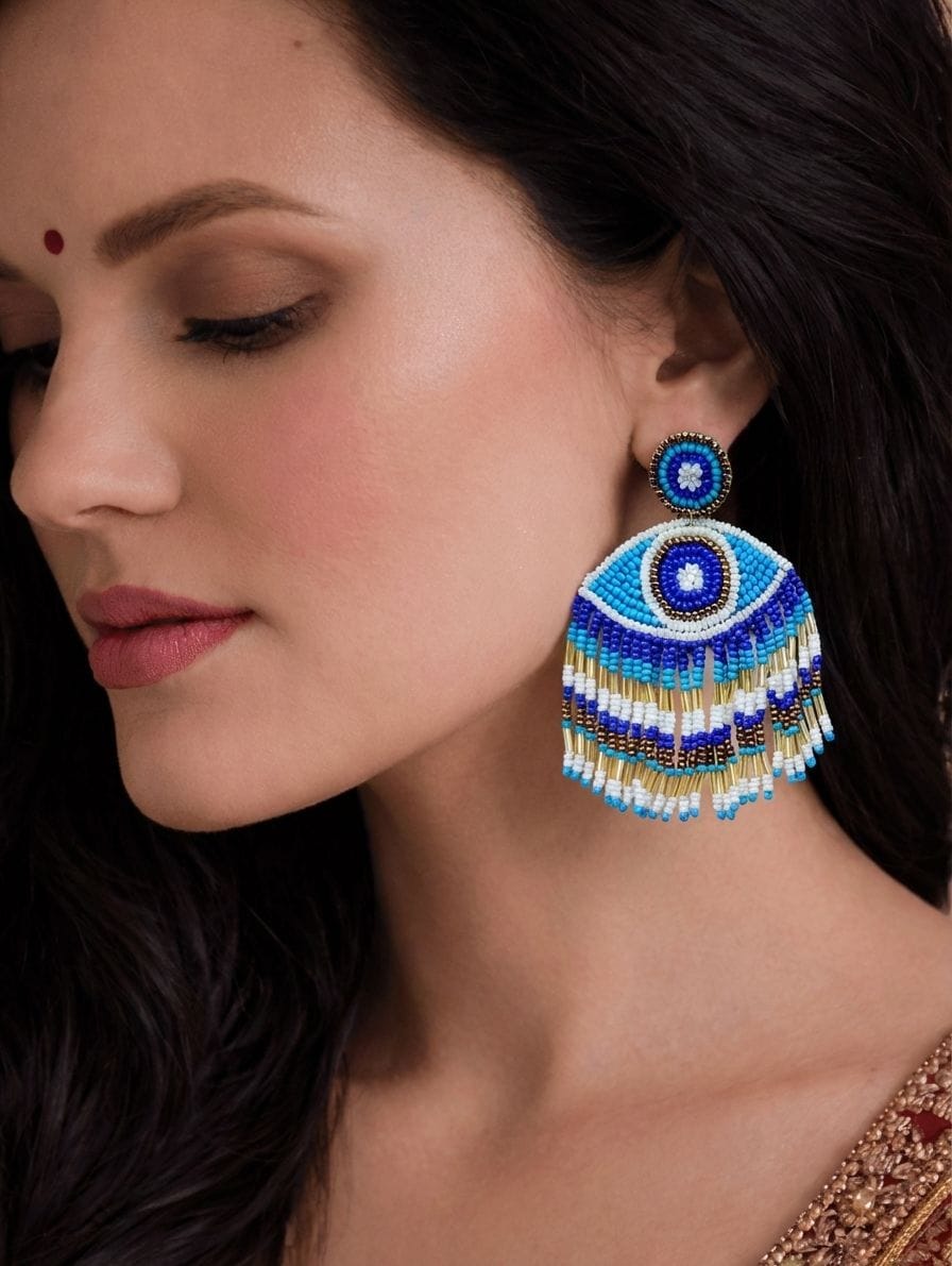 Blue-White Beaded Evil Eye Earrings for Women