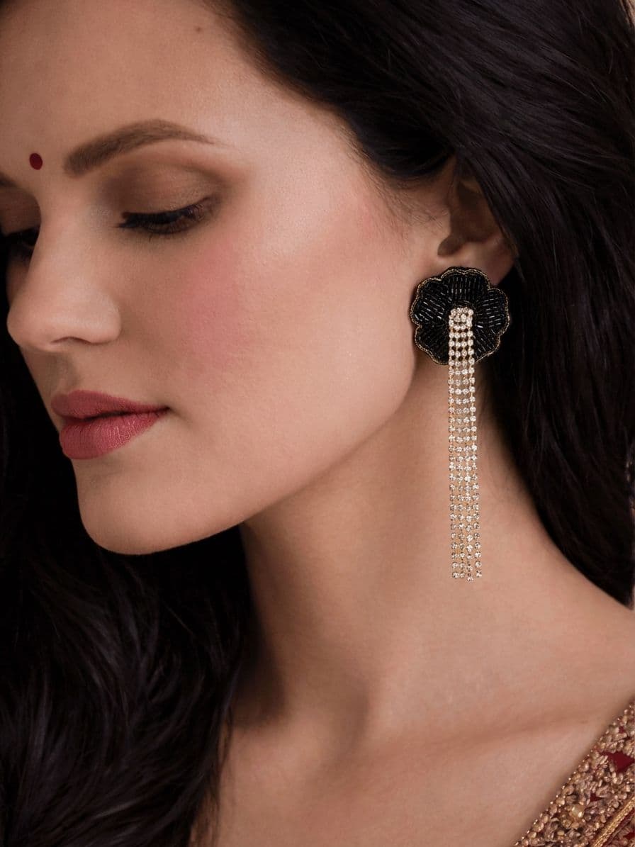 Black Beaded Long Tassel Drop Earrings