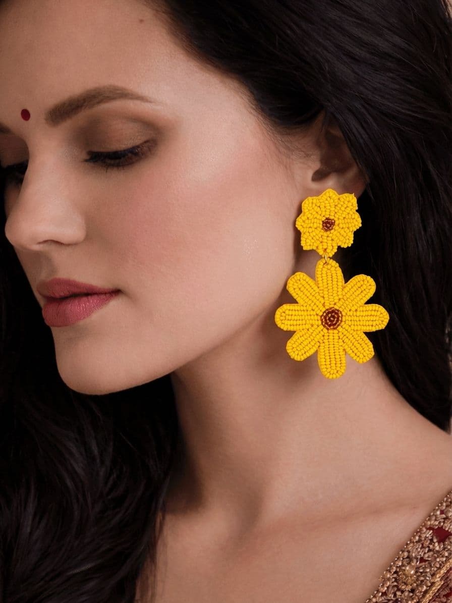 Yellow Beaded Flower Earrings for Women & Girls