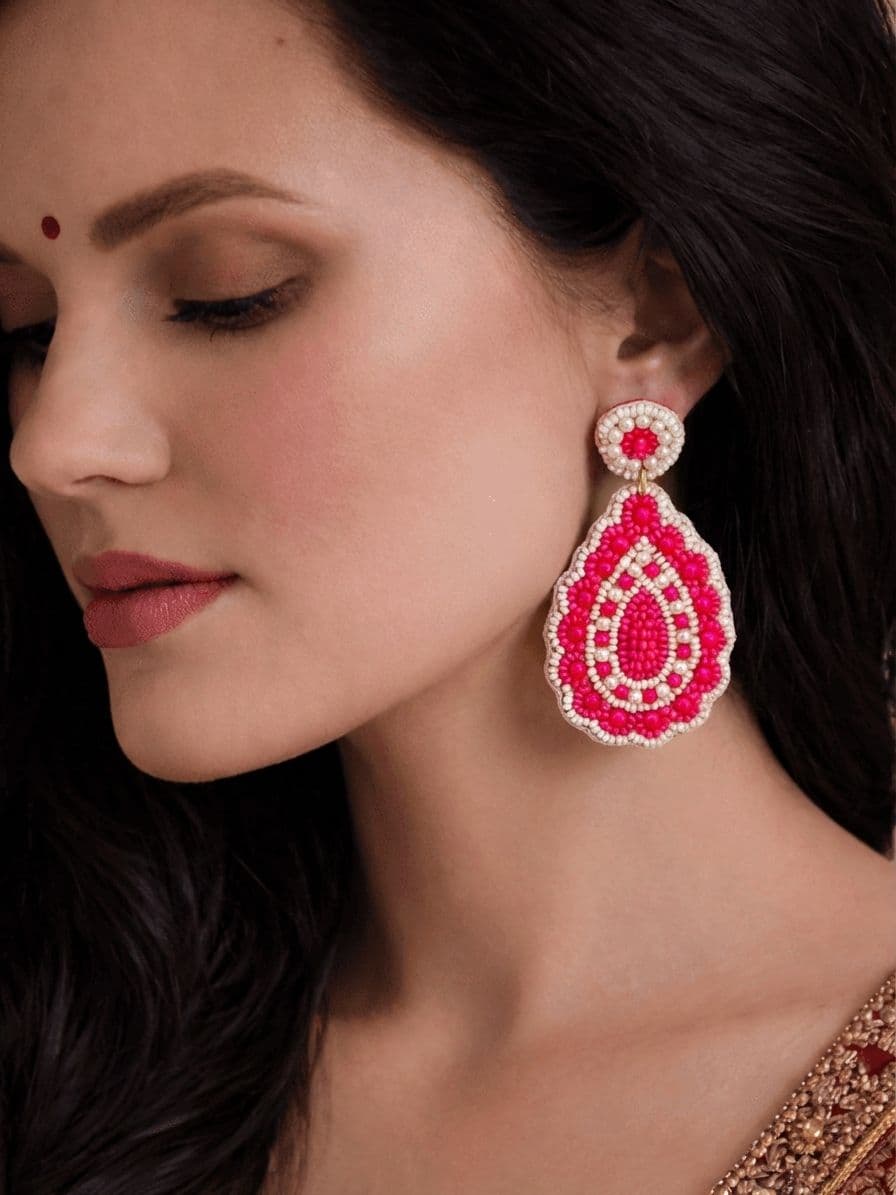 Pink-White Indian Style Beaded Earrings for Women & Girls