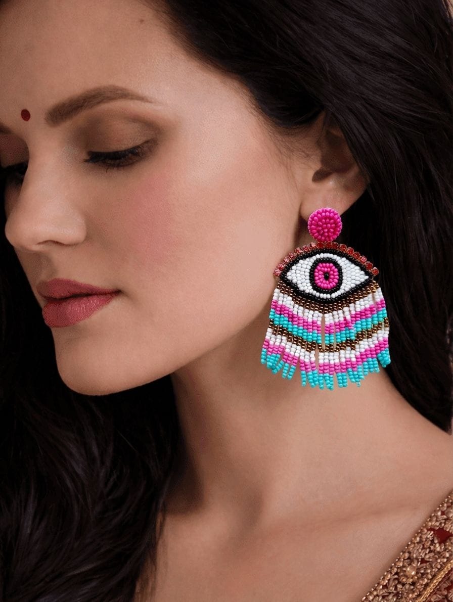 White-Pink Handmade 'Evil Eye' Beaded Earrings for Women