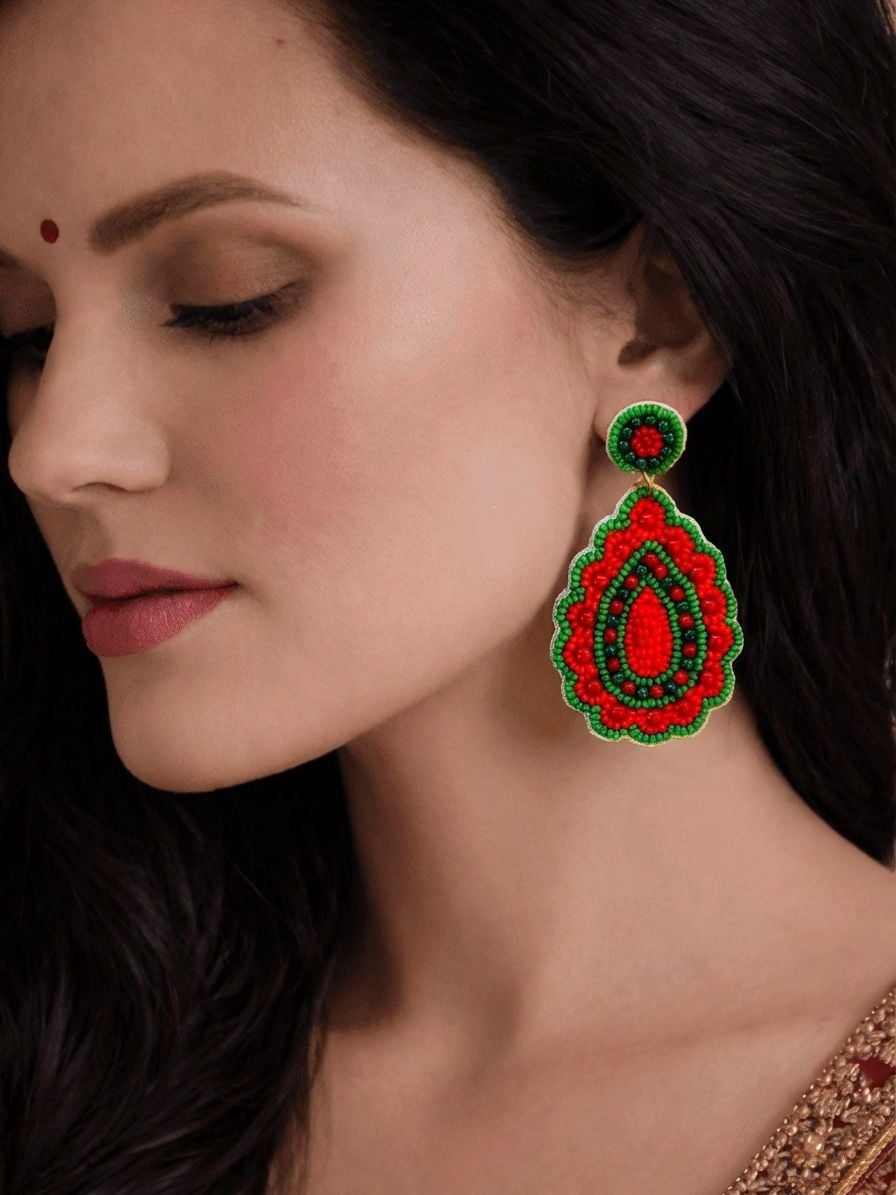 Red-Green Beaded Party Wear Earrings for Women